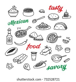 Mexican cuisine, traditional food hand drawn doodle icons set with tequila, quesadillas, burritos, tacos, nachos.