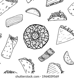 Mexican cuisine transparent seamless pattern. Design sketch element for menu cafe, bistro, restaurant, bakery, packaging and other things.  Vector illustration.