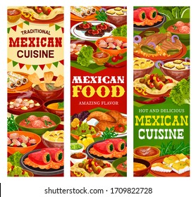 Mexican cuisine vector banners of vegetable meat estofado and baked fish. Beef fajitas and bean burritos with salsa and guacamole sauces, tomato meatball soup with tortillas, chicken and seafood salad