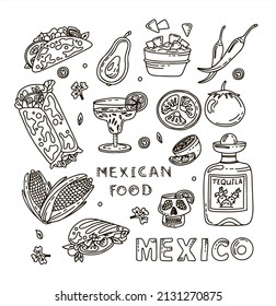 Mexican cuisine, vector doodle food set. National spicy food, fast food, snacks. Sketch illustration for restaurant, menu, cafe. Fiesta mexicana