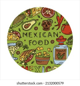 Mexican cuisine, vector doodle food banner. National spicy food, fast food, snacks. Sketch illustration for restaurant, menu, cafe. Fiesta mexicana