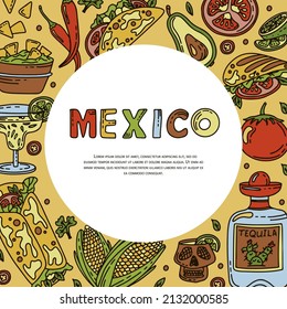 Mexican cuisine, vector doodle food banner. National spicy food, fast food, snacks. Sketch illustration for restaurant, menu, cafe. Fiesta mexicana