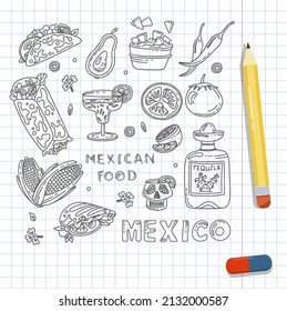 Mexican cuisine, vector doodle food set. National spicy food, fast food, snacks. Sketch illustration for restaurant, menu, cafe. Fiesta mexicana
