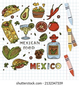 Mexican cuisine, vector doodle food set. National spicy food, fast food, snacks. Sketch illustration for restaurant, menu, cafe. Fiesta mexicana