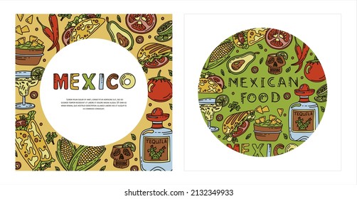 Mexican cuisine, vector doodle food banner. National spicy food, fast food, snacks. Sketch illustration for restaurant, menu, cafe. Fiesta mexicana