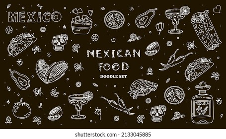 Mexican cuisine, vector doodle food set. National spicy food, fast food, snacks. Sketch illustration for restaurant, menu, cafe. Fiesta mexicana