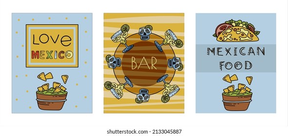 Mexican cuisine, vector doodle food banner. National spicy food, fast food, snacks. Sketch illustration for restaurant, menu, cafe. Fiesta mexicana