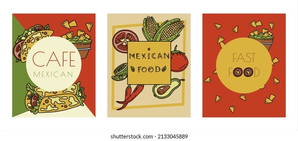 Mexican cuisine, vector doodle food banner. National spicy food, fast food, snacks. Sketch illustration for restaurant, menu, cafe. Fiesta mexicana