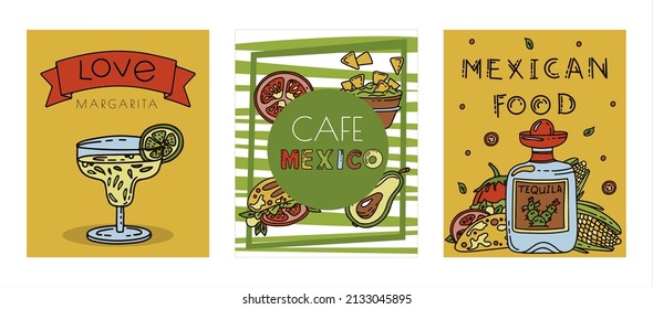 Mexican cuisine, vector doodle food banner. National spicy food, fast food, snacks. Sketch illustration for restaurant, menu, cafe. Fiesta mexicana