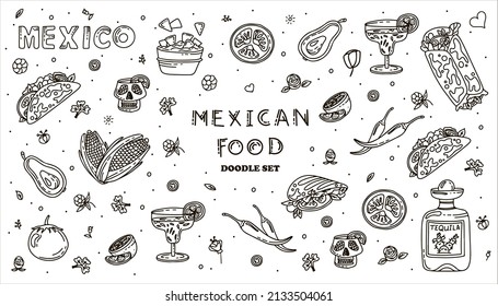 Mexican cuisine, vector doodle food set. National spicy food, fast food, snacks. Sketch illustration for restaurant, menu, cafe. Fiesta mexicana