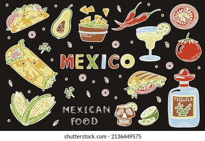 Mexican cuisine, vector doodle food set. National spicy food, fast food, snacks. Sketch illustration for restaurant, menu, cafe. Fiesta mexicana