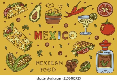 Mexican cuisine, vector doodle food set. National spicy food, fast food, snacks. Sketch illustration for restaurant, menu, cafe. Fiesta mexicana