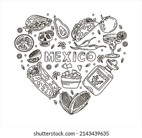 Mexican cuisine, vector doodle food set. National spicy food, fast food, snacks. Sketch illustration for restaurant, menu, cafe. Fiesta mexicana