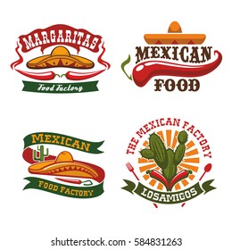 Mexican cuisine vector icons of sombrero hat, chili pepper jalapeno and agave cactus symbols for Mexico fast food snacks of burrito, tacos or tortillas, nachos and tequila bar or restaurant snacks