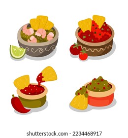 Mexican cuisine. Vector illustration of mexican food. Guacamole, tortilla, nachos