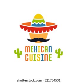 Mexican cuisine vector logo template isolated on white background, mexican food, face with mustache and sombrero cartoon flat style logo design element