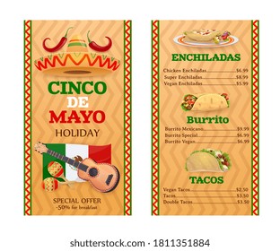 Mexican cuisine vector menu. Cinco de Mayo holidays meals tacos, burrito, and enchiladas Mexican food dishes. Cartoon menu design with sombrero, national flag, jalapeno red peppers, guitar and maracas