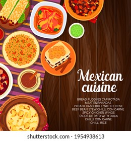 Mexican cuisine vector potato casserole with cheese and meat empanada. Spicy chicken wings, coffee, beef bean stew, chilli con carne. Tacos de pato with duck, chilli rice food of Mexico cartoon poster