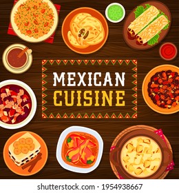 Mexican cuisine vector tacos de pato with duck, bread pudding capirotada or potato casserole with cheese. Meat empanada, beef bean stew chilli con carne or chilli rice with Mexican coffee meals poster