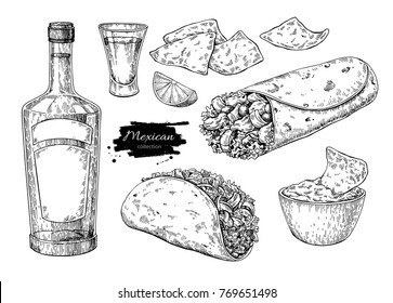 Mexican cuisines drawing. Traditional food and drink vector illustration. Engraved taco, burrito, nachos and tequila bottle, shot. Hand drawn set. Sketch for restaurant menu, label, banner