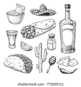 Mexican Cuisines Drawing. Traditional Food And Drink Vector Illustration. Engraved Taco, Burrito, Nachos And Tequila Bottle, Shot. Hand Drawn Set. Sketch For Restaurant Menu, Label, Banner
