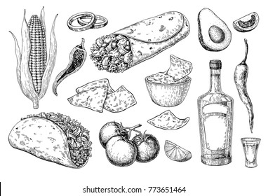 Mexican Cuisines Drawing. Traditional Food And Drink Vector Illustration. Engraved Taco, Burrito, Nachos And Tequila Bottle, Shot. Hand Drawn Set. Sketch For Restaurant Menu, Label, Banner