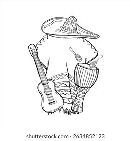 Mexican cultural elements line art black ink sketch. Music instruments and traditional Latin and South American national cloth etching drawing. for ethnic festival posters, cultural souvenir design.