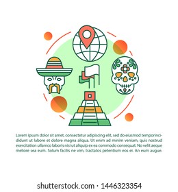 Mexican culture article page vector template. Mexico attractions. Brochure, magazine, booklet design element with linear icons and text boxes. Print design. Concept illustrations with text space