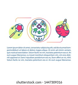 Mexican culture article page vector template. Mexico holidays. Brochure, magazine, booklet design element with linear icons and text boxes. Print design. Concept illustrations with text space