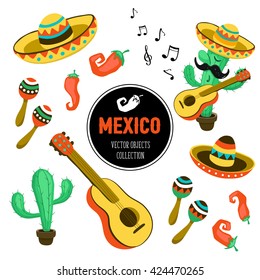 Mexican culture attributes collection. Guitar, sombrero, maracas, cactus and jalapeno isolated on white background.