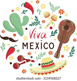 mexican culture attributes collection. vivid colors, elements, flowers and decor in round composition