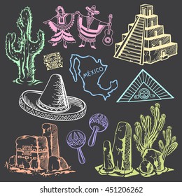 Mexican Culture Attributes Colored Illustrations in Chalk-drawn Style