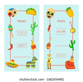 Mexican culture banner, flyer, poster. Mexico party and fiesta with ethnic symbols: dancing woman, sombrero hat, guitar, cactus, skull, taco and man. Creative menu. Cartoon style. Vector illustration.