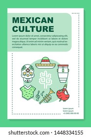Mexican culture brochure template layout. Mexico holiday. Flyer, booklet, leaflet print design with linear illustrations. Vector page layouts for magazines, annual reports, advertising posters