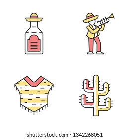 Mexican culture color icons set. National drink, music, clothes, plant. Tequila, musician with trumpet, poncho, saguaro cactus. Isolated vector illustrations
