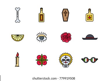 Mexican culture colorful icons isolated on white background. Ethnic set. Vector illustration.