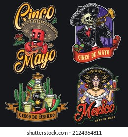 Mexican culture colorful vintage stickers collection with chili pepper playing guitar, skeleton in sombrero using trumpet, tequila drinks, chili peppers and waitress with painted face, vector