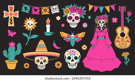 Mexican culture and day of the dead elements set. Vector graphics.