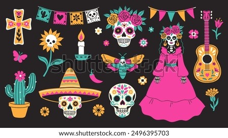 Mexican culture and day of the dead elements set. Vector graphics.