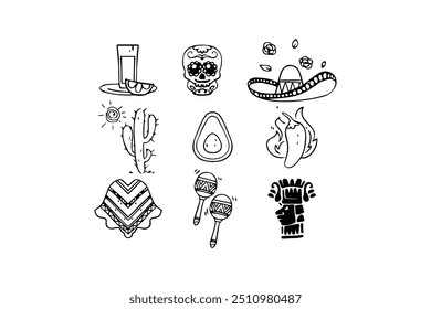 Coleção de ícones de doodle da cultura mexicana. Design de ícone de vetor.