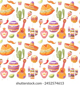 Mexican culture elements seamless pattern on white background. Vector illustration