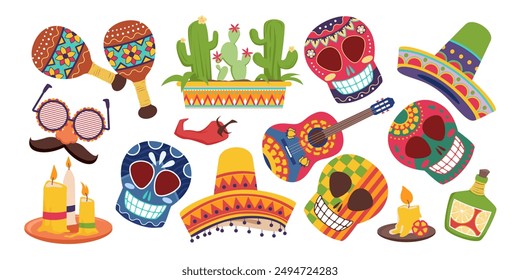 Conjunto de Elementos y pegatinas de la cultura mexicana. Día de muertos en México simboliza la colección, cactus del desierto y calaveras con adorno étnico decorativo, música y máscara, velas Ilustración vectorial de dibujos animados