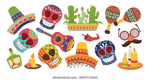 Conjunto de Elementos y pegatinas de la cultura mexicana. Día de muertos en México símbolos colección, cactus del desierto y calaveras con adorno étnico decorativo, música y máscara, velas de dibujos animados