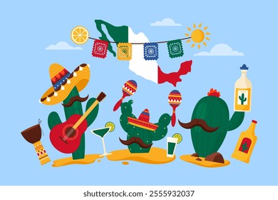 Mexican culture elements and traditional Cinco de Mayo holiday elements in Mexico infographic poster with cactuses in sombrero playing guitar and maracas, holding tequila cartoon vector illustration