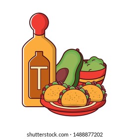 mexican culture and food cartoon bottle of tequila and plate avocado and guacamole tacos vector illustrationgraphic design