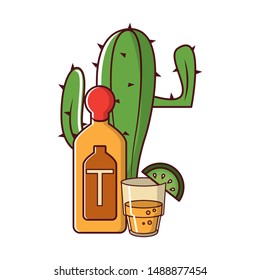 mexican culture and food cartoon tequila bottle and glass lemon on the edge vector illustration graphic design
