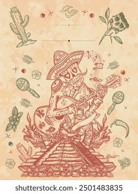 Mexican culture frame. Old paper vector. Mariachi skeleton wearing sombrero and playing guitar vertical background. Cover page template