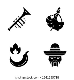 Mexican Culture Glyph Icons Set. Latin Music, Food, People, Dance. Trumpet, Woman Dancer, Hot Pepper, Head With Mustache And Sombrero. Silhouette Symbols. Vector Isolated Illustration