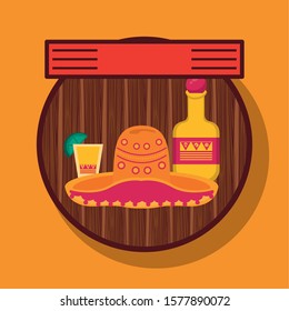 mexican culture hat with tequila bottle vector illustration design