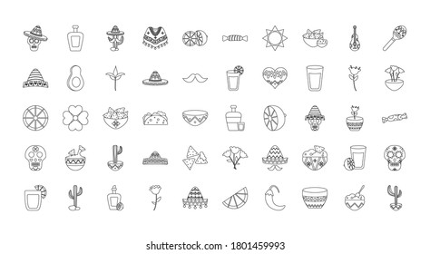 mexican culture icon set over white background, line style, vector illustration